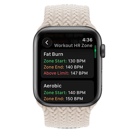 Apple Watch showing heart-rate zone selection