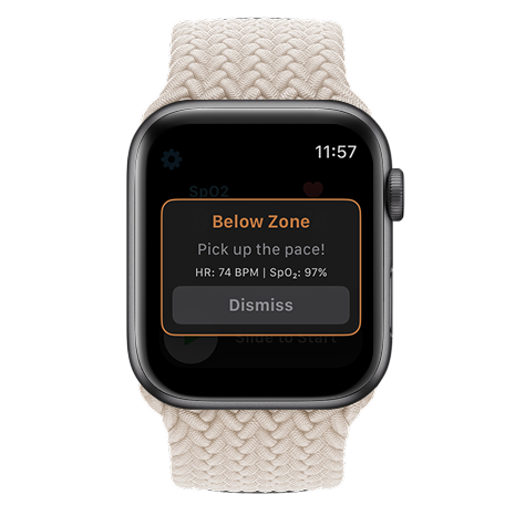 Apple Watch showing a below-zone alert during a workout