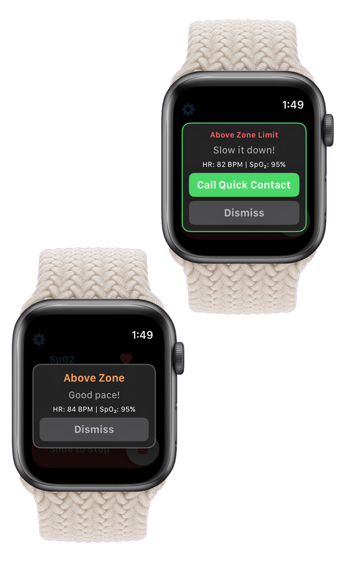 Two Apple Watches showing Above Zone and Above Zone Limit alerts