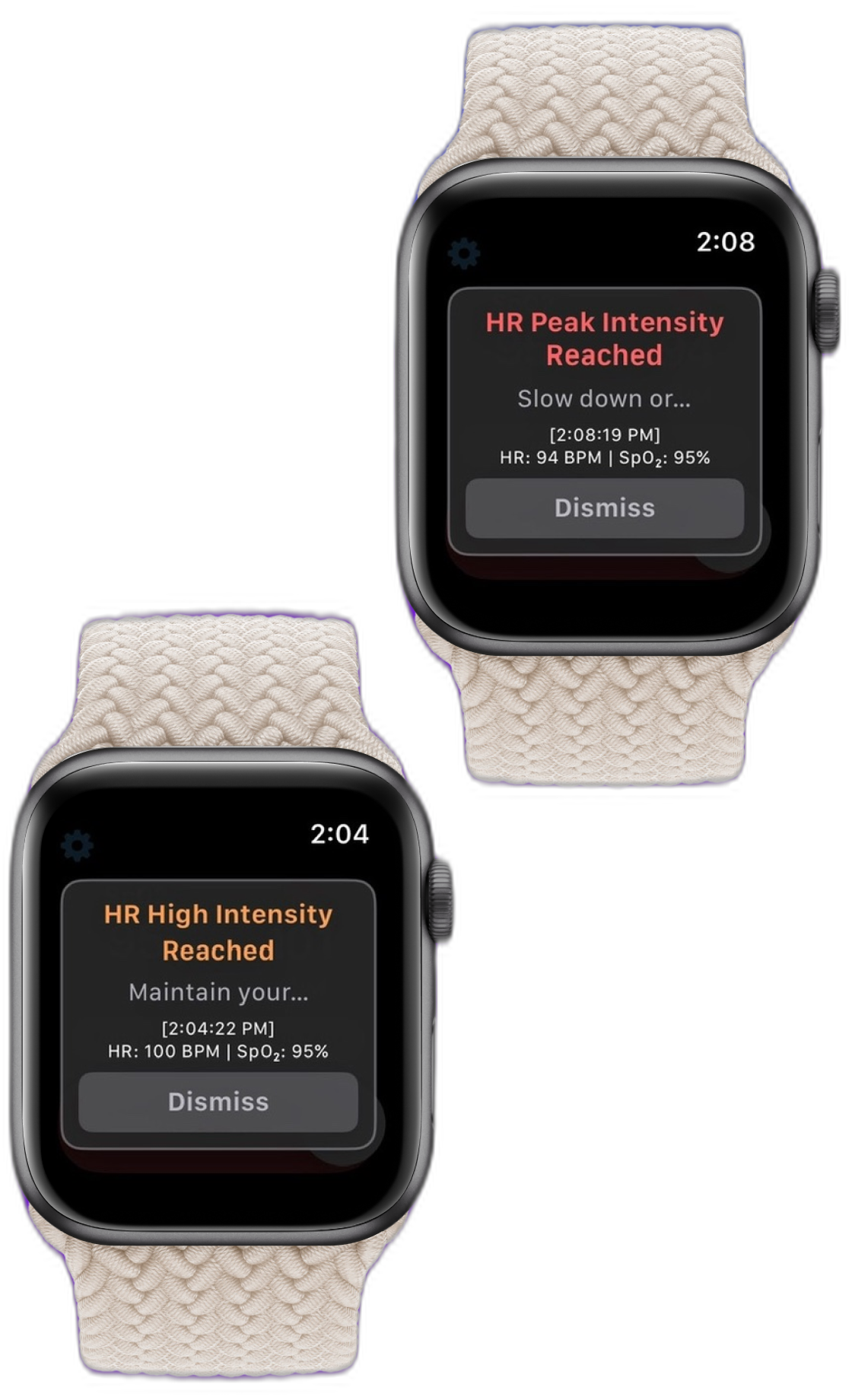 Two Apple Watches showing HR Peak and High intensity alerts