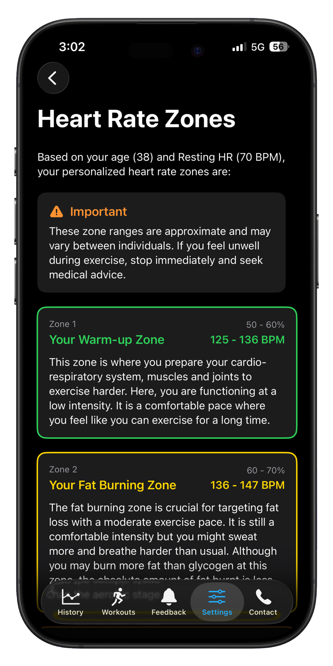 HeartOxy showing heart rate zone list