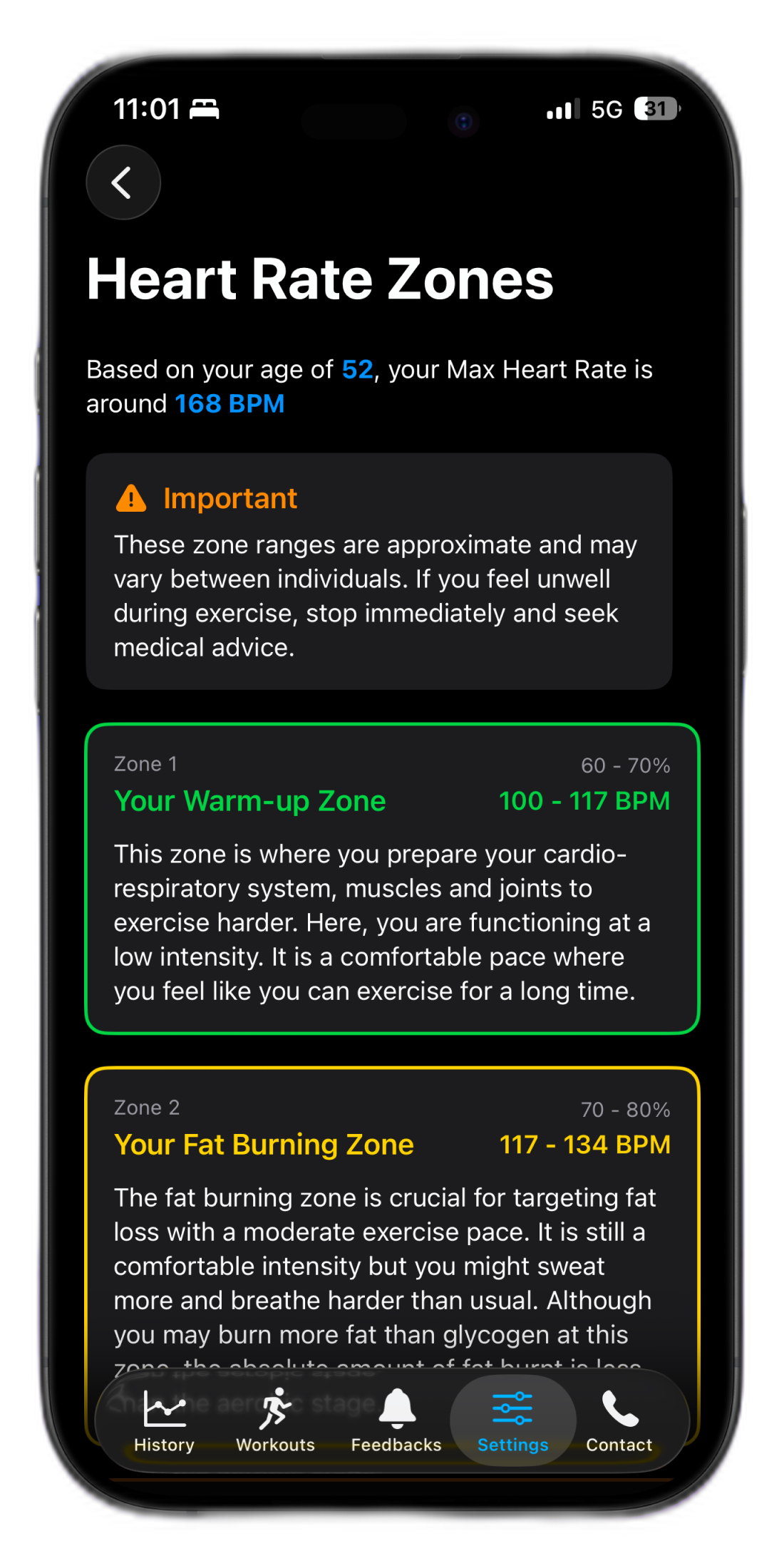 HeartOxy showing heart rate zone list